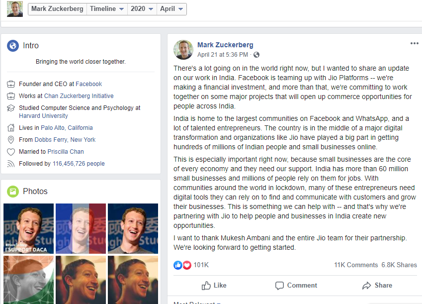 Mark Zuckerberg Post